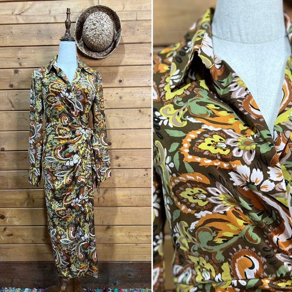DREW x Anthropologie Brown Floral Wrap Midi Dress Long Sleeve Size XS NWT